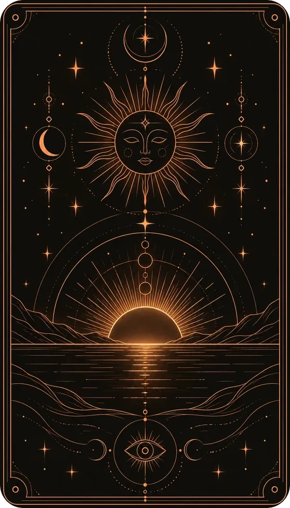 Carta de tarô do Ascendente, em linha cobre: um sol nascendo atrás de arcos, sobre o horizonte.