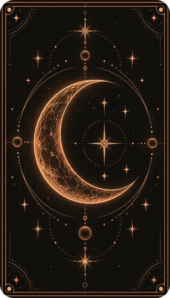 Carta de tarô da Lua, em linha cobre: uma lua crescente com um olho e estrelas.
