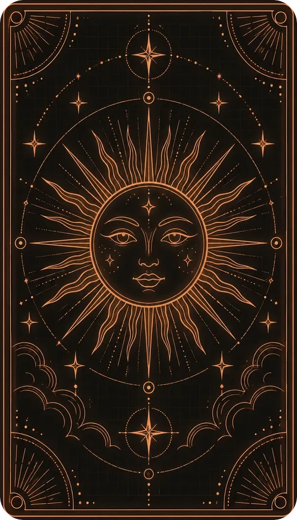 Carta de tarô do Sol, em linha cobre: um sol com um olho no centro e raios ao redor.