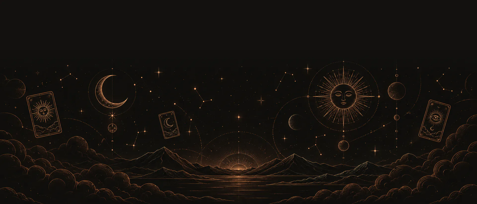 Um céu em linha fina cobre, com estrelas, anéis de luz e três cartas de tarô em arco.