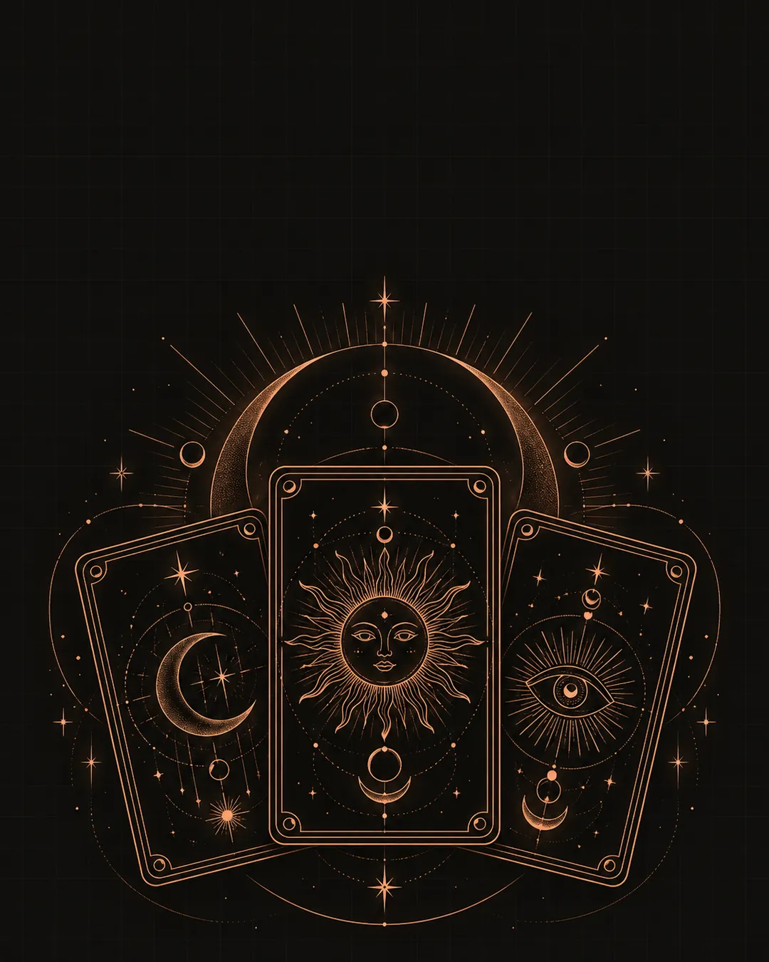 Uma lua enorme em linha fina cobre, com raios e estrelas, e três cartas de tarô abertas em leque na frente dela, sobre um fundo quase preto.