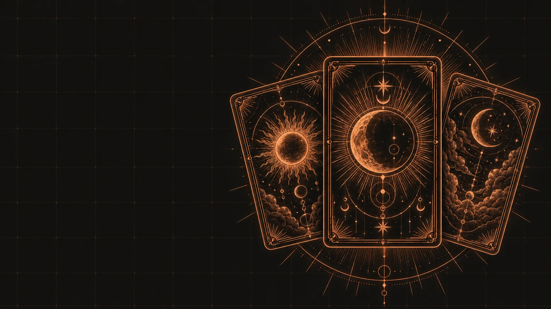 Uma lua enorme em linha fina cobre, com raios e estrelas, e três cartas de tarô abertas em leque na frente dela, sobre um fundo quase preto.